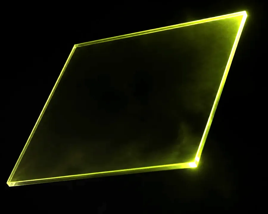 A stack of translucent planes at different depths, one dramatically larger and edge-lit