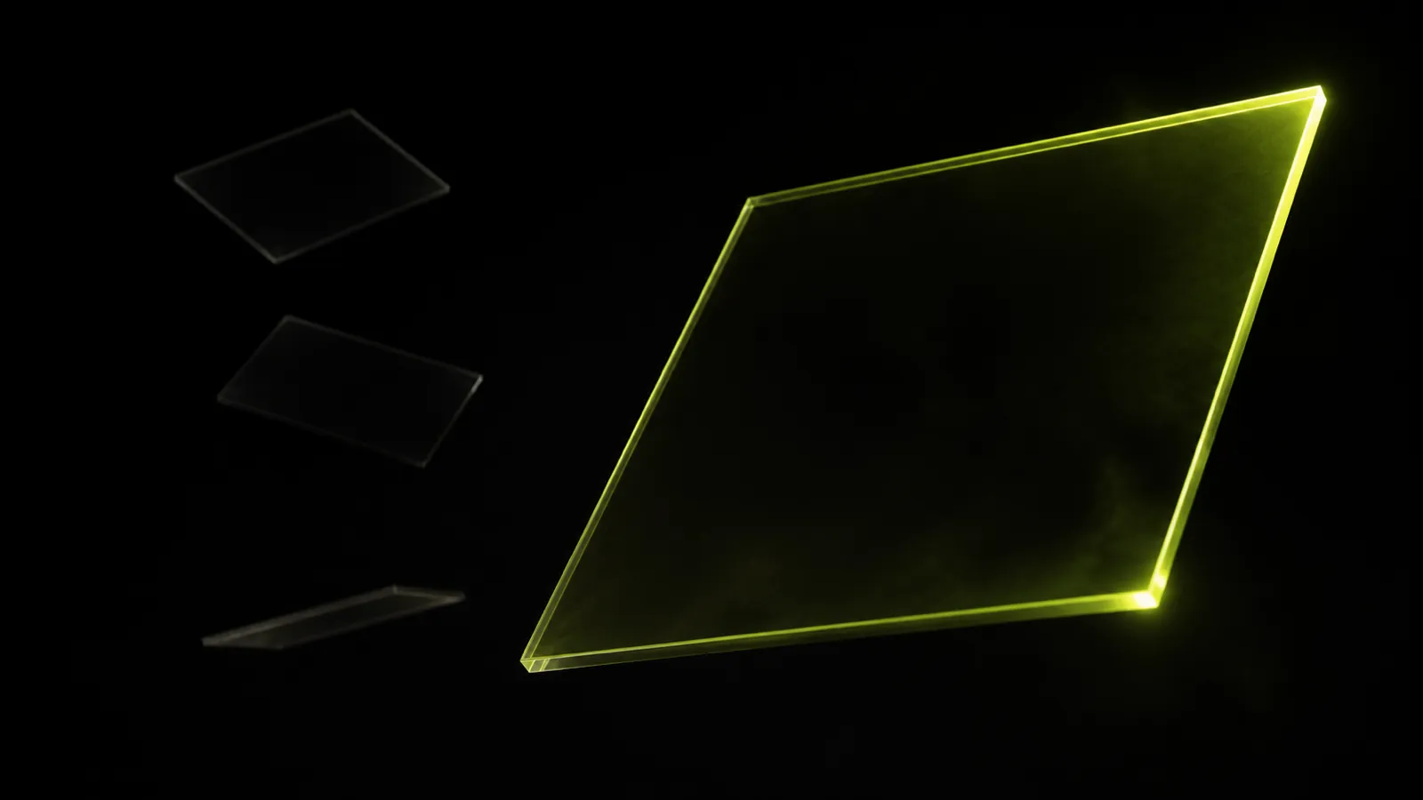 A stack of translucent dark planes at different depths, one dramatically larger and edge-lit