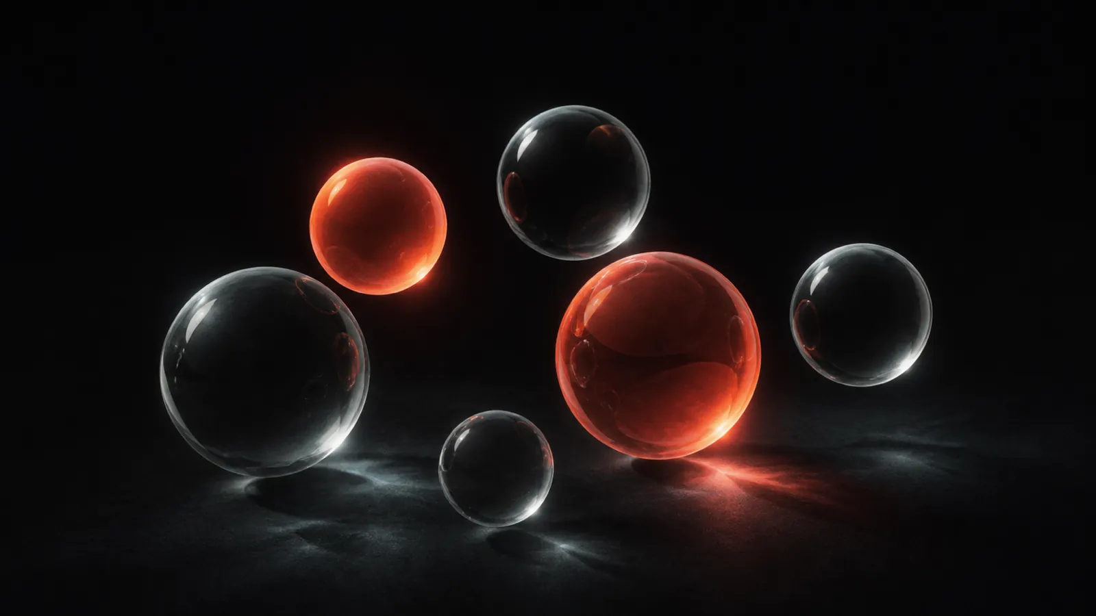 Six translucent spheres floating in dark space, two of them glowing warm and the rest inert